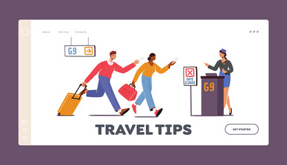 Travelers Missing Flight Landing Page Template. Worried Man and Woman Tourists Run at Airport. Transit Flight Troubles