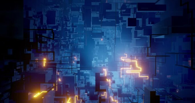 Neon High Tech Digital City Abstract background. colorful circuit and data glowing, circuitry design or information super highway. High speed tech hardware motion graphic. 3D render, 4K loop
