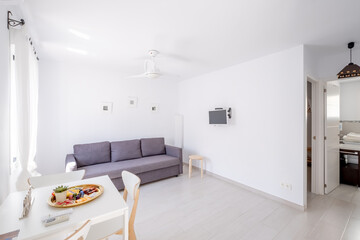 Modern decor, in a spacious room, next to a table with flowers against a gray wall. Bright and spacious room with a comfortable sofa, plants and elegant accessories.