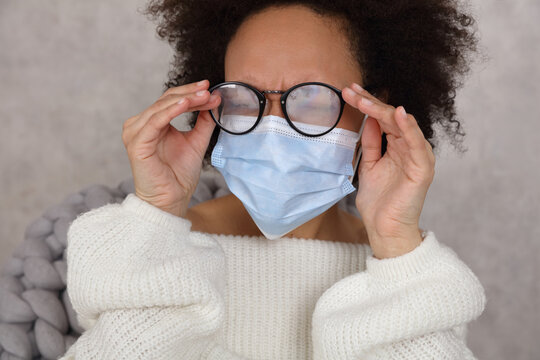 Medical mask and Glasses fogging. Avoid face touching, Coronavirus prevention, Protection.