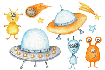 Flying saucer UFO, cartoon alien spaceship Funny happy cartoon alien space monster set, Unidentified flying object and stars. Watercolor isolated kids illustration on white background