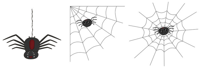Vector set of spiders weaving different types of webs for Halloween decoration