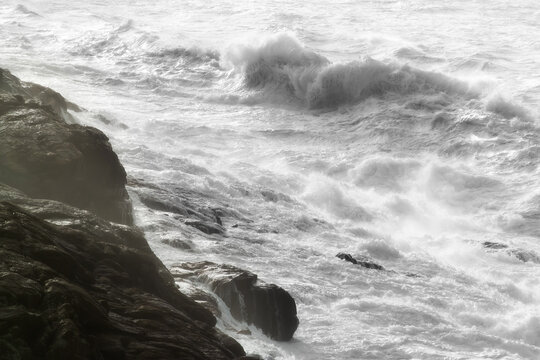 big ocean waves breaking  in atlantic ocean coast during sea storm 

