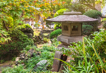 Fototapeta na wymiar tokyo, japan - november 05 2020: Japanese stone Yukimi lantern surrounded by momiji maple tree in the garden of the Buddhist Tamonji temple dedicated to the seven lucky gods pilgrimage of Sumida river