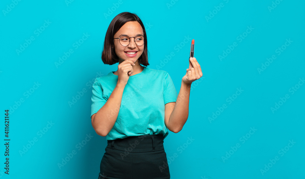 Sticker young hispanic woman smiling with a happy, confident expression with hand on chin, wondering and looking to the side