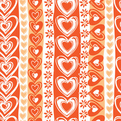 Vector monochrome red doodle cute hearts valentine vertical stripes seamless pattern. Suitable for textile, gift wrap and wallpaper.