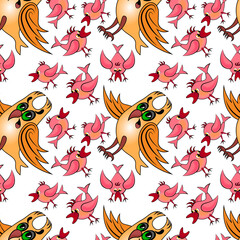 Seamless texture, pattern on a square background - birds and an owl