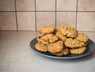 Tasty chocolate chips cookies in a grey plate