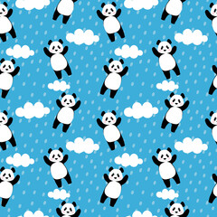 Fototapeta premium Seamless pattern with dreamy pandas and clouds in the blue sky. Chinese bear for printing on fabric, textiles, bedding, festive paper. 