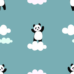 Seamless pattern with dreamy pandas and clouds in the blue sky. Chinese bear for printing on fabric, textiles, bedding, festive paper. Vector graphics.