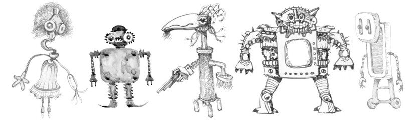 Team of robots. Vintage toys. Ink drawing. Crazy robots. Foolish intelligence.