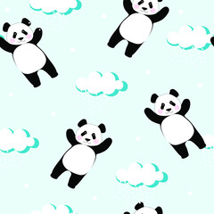 Seamless pattern with dreamy pandas and clouds in the blue sky. Chinese bear for printing on fabric, textiles, bedding, festive paper. Vector graphics.