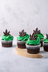 Delicious chocolate cannabis cupcakes infused with cannabis. Cannabis concept for a marijuana themed party. 