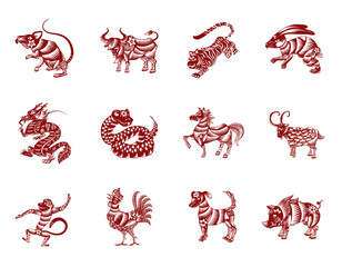 Set of Chinese Zodiac animals in red and white colors, Vector Illustration