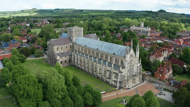Flight over scenic Winchester Cathedral in England