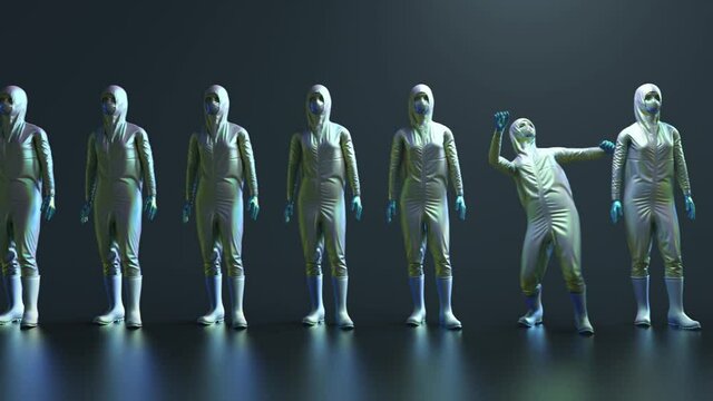 row of people in protective suits and dancer alone
