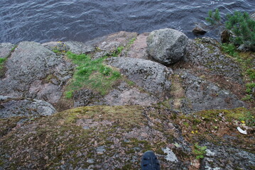 A granite rock overgrown with grass and trees. Summer day, a large garnit rock, part of the surface