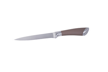 Utility knife for vegetables and meat from stainless steel with brown handle isolate on white background. Easy to clean and reliable accessory for home cooking