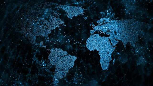 Cyberspace with world map motion, view from space.	
Flickering particles and flashing lights. Conceptual digital global network animation.
