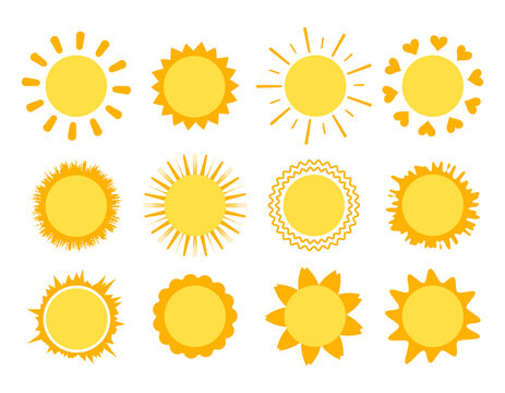 Sun icons set with rays of different shapes