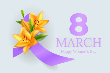 8 March greeting card with orange lily and purple ribbon on grey background and lilac color paper number 8. International women's day postcard, banner, poster, placard, flyer. Vector illustration