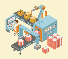 Isometric industrial factory horizontal banners with automated lines of production assembly and packaging processes vector illustration
