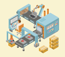 Isometric industrial factory horizontal banners with automated lines of production assembly and packaging processes vector illustration