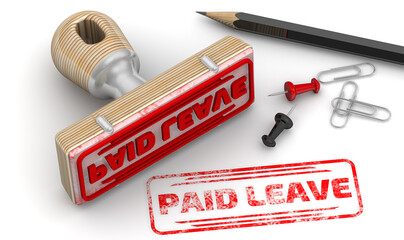 Paid leave. The stamp and an imprint. Wooden stamp and red imprint PAID LEAVE on white surface. 3D illustration