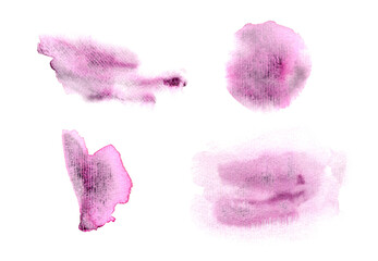 Set of granulate textured pink watercolor stains. Collection of vibrant dusk color watercolour blobs for decoration, poster, banner, greeting cards design