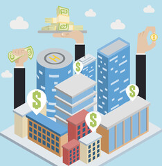 City advertising illustration. Vector background. Cityscape with white blank billboards and banners. Business promotion and advertisement concept.