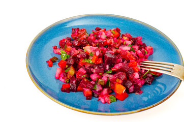 Vegetarian dish. Boiled vegetable salad, beets, carrots, potatoes, olive oil