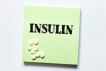 Word insulin with pills on a light green stiker background. Medical concept.