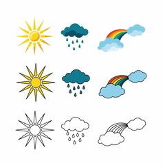 Weather icons set isolated on white background. Vector illustration of sun, rain and rainbow in simple flat style. Color and outline icons
