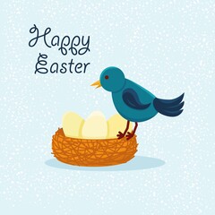 Easter nest with bird and eggs. Vector illustration