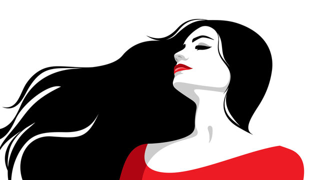 Daydreaming woman wirh long black flying hair