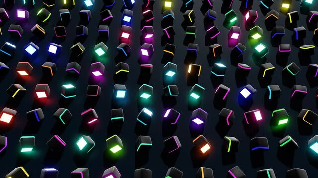 4r loop dark background with abstract blocks on plane like devices with screen lighting with multicolor neon light. Bg for festive show or holiday events, concerts, music videos, VJ for night clubs.
