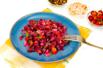 Vegetarian dish. Boiled vegetable salad, beets, carrots, potatoes, olive oil