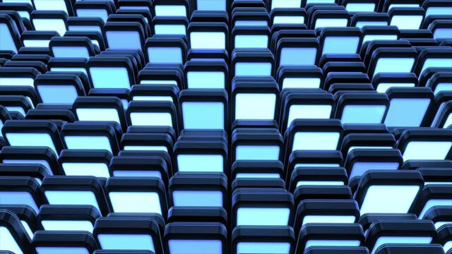 4r loop dark background with abstract blocks on plane like devices with screen lighting with blue neon light. Bg for festive show or holiday events, concerts, music videos, VJ for night clubs.