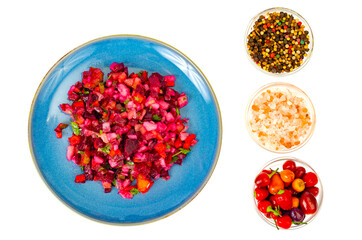 Vegetarian dish. Boiled vegetable salad, beets, carrots, potatoes, olive oil