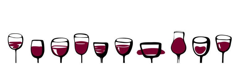 Wine glasses set banner - collection of sketched doodle watercolor wineglasses and glass silhouette. Hand drawn glass with red wine inside, isolated ink vector set