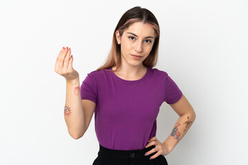Obraz premium Young caucasian woman isolated on white background making Italian gesture