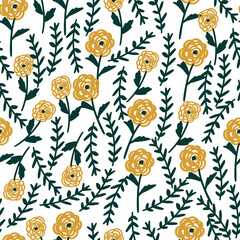 seamless floral pattern with hand-drawn ranunculus flowers vector illustration. Good for card, fabric, wallpaper, stationary,print, cover.