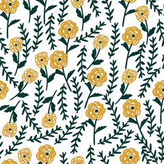 Fototapeta premium seamless floral pattern with hand-drawn ranunculus flowers vector illustration. Good for card, fabric, wallpaper, stationary,print, cover.