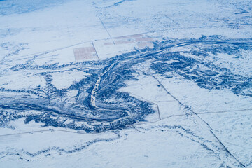 Aerial view of the Canadian Prairies covered with snow
