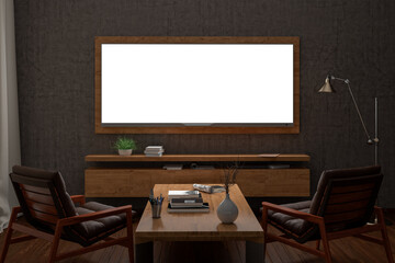 Glowing TV wide screen at night on the concrete wall in living room.