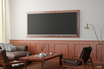 TV wide screen on the white wall in classic living room.