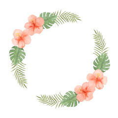 夏の植物の円フレーム　ハイビスカス　モンステラ　ヤシの葉　水彩イラスト