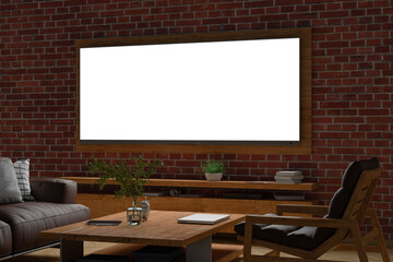 Glowing TV wide screen at night on the red brick wall in modern living room.