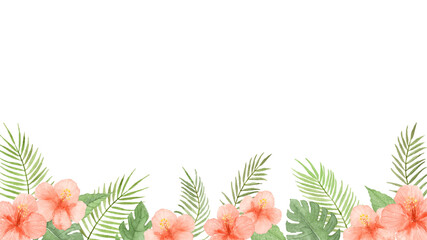 透明水彩で描いた夏の植物のフレーム　ハイビスカスとモンステラとヤシの葉