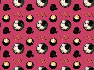 Cheesecakes coffee and cinnamon, seamless food pattern for breakfast.